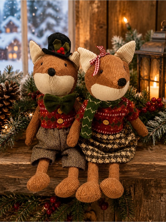 Other - Christmas Fox Plush Pair Weighted Shelf Sitters‎ Red Green Winter Holiday Decor